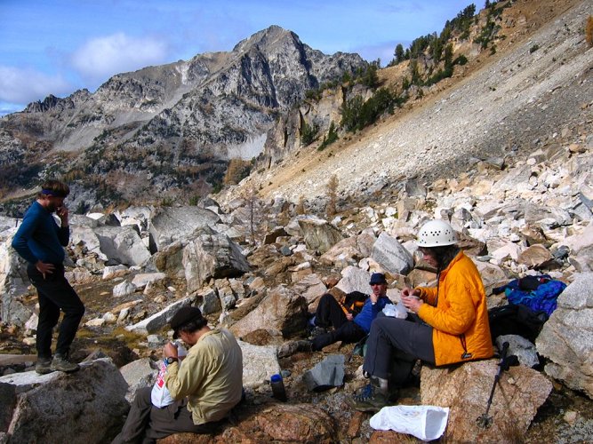 By the time we got to the big boulders at the bottom of the gully, we were ready for a break to shed clothes, put away helments, and have some food in the sun.